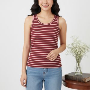 1 pcs Women's Scoop Neck Summer Cotton Vest / Round Neck Tank Top (Red striped)